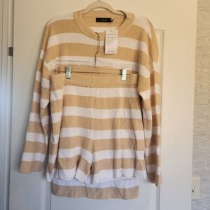 Zesica Tan and White Striped Blouse/short Set Size M Bnwt